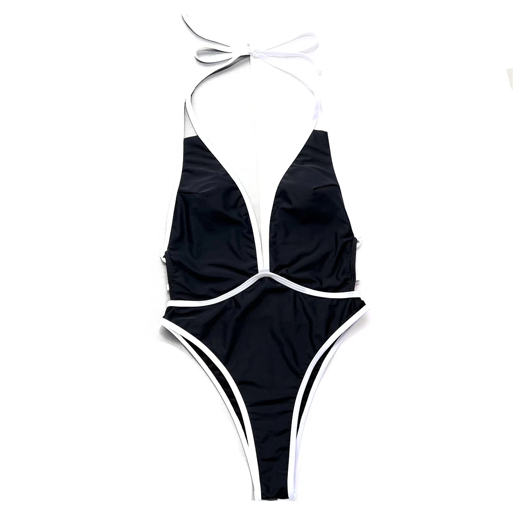 Sexy Čierna Kontrast S Uväzovaním Za Backless Plavky Jednodielne Plavky Ženy 2024 Hlboko V Krku Plávanie Nosenie, Plavky Celé Plavky Plávať