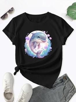 100% bavlna dámske krátky rukáv T-shirt Karikatúra roztomilý bublina dolphin vzor, okolo krku, viac farieb, veľkosti XS až 3XL