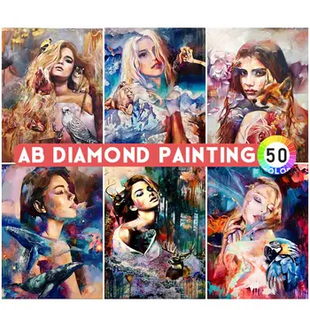 5D AB Diamond Maľba Portrét Papagáj Cross Stitch Northern Lights DIY Výšivky Papagáj Žena Mozaiky Drahokamu Ručné