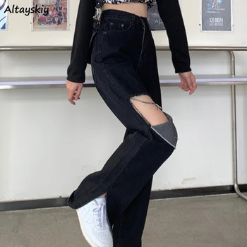 Džínsy Ženy Denim Roztrhlo Vysoký Pás Preppy Otvory Nohavice Strane-štrbinové kórejský Elegantné Hip-hop Núdzi Streetwear Voľný čas Jednoduchý