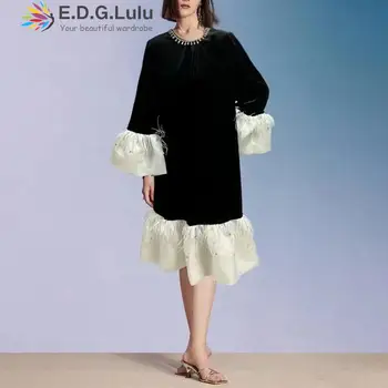 EDGLuLu Jeseň O Krk Diamond Vložkou Elegantné Party Šaty Pre Ženy 2023 Dizajn Patchwork Perie Biele Rozstrapatené Šaty 1022
