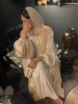 Eid Djellaba Abaya Dubaj Lesklé, Mäkké Manžety Rukávov Moslimské Oblečenie Hodvábne Kimono Dubaj Turecko Moslimskou Šaty Islam Abayas S Pásom