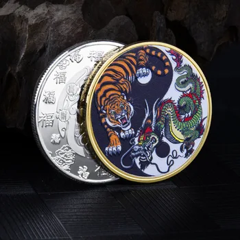 Kovové Remeslá a obchod so Darček Starovekej Čínskej Zver Maskot Šťastie Odznak Sľubný Drak a Tiger Maľované Pamätné Mince