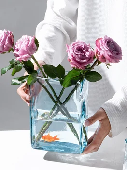 Kreatívne Námestie Hydroponické Kvetinové Vázy Modré Sklenené Vázy Ploche Dekorácie Lily Rose Flower Pot Remesiel Obývacia Izba Dekor Interiéru