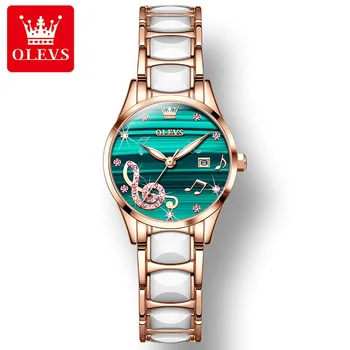 OLEVS Quartz Hodinky pre Ženy, Luxusné Keramické Popruh Svetelný Nepremokavé Kalendár Dial Módne dámske náramkové hodinky Darček Box Set