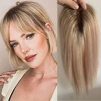 Ombre Blond 8*15 cm Remy Vlasy Vňaťou Prírodné Hairpiece Clip In predlžovanie Vlasov Ľudské Vlasy Toupee Pre Ženy