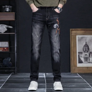 Pánske džínsy Výšivky Denim Black Rovno Pantalones Hombre Muž Vysokej Kvality Pohodlné Rozšírené Biker Bežné Nohavice