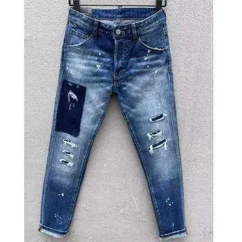 Pánske Módne Trend Bežné List Tlač Sprej Maľované Džínsové Nohavice High Street Style Slim Jeansy C001