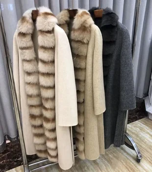 Ruský Štýl Vintage Prekladané Skutočné Fox Kožušiny Golier, Dlhé Vlny Kabát Pre Lady Streetwear dámske Luxusné Belted Kožušiny Výkopu Coats