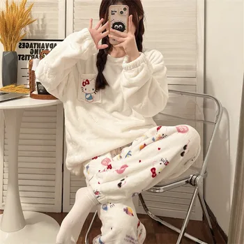 Sanrio Pijamas Ženy Hello Kitty Kuromi Dievča Oblečenie Vyhovovali Jesenné a Zimné Študentské Domov Plus Velvet Teplo Y2K Cartoon Plyšové