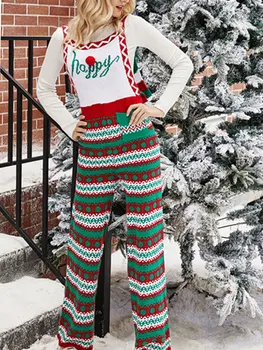 Vianočné Jumpsuit pre Ženy Snowflake Tlač Širokú Nohu, Pletené Náprsníkové Nohavice Sveter Dlho Romper Nohavice s Vreckami