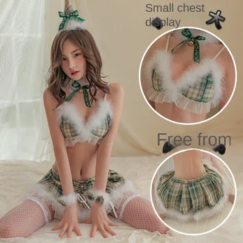 Vianočné vyhovovali jednotné sexy spodnú bielizeň plyšové zelený kockovaný split vyhovovali sexi vášnivý pokušenie pyžamá pre ženy 6927