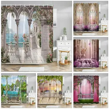 Vonkajšie Záhradné Scenérie Sprchový Záves Luxusné Európske Oblúky Kvetinový Tlač Vaňa Opony Umývateľný Sprchové Závesy Kúpeľňa Decor