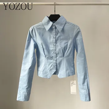 [YOZOU] Elegantné kórejský Štýl, Luxus Dizajnér Modrá Biele, Čierne Tričko Ženy s Dlhým Rukávom, Blúzky, Elegantné Plodín Top Dievčatá High Street