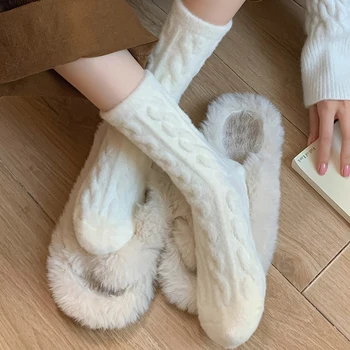 Ženy V Zime Teplý Uterák Ponožky Vrkoč Vzor Ponožky Pribrala Coral Velvet Poschodí Ponožky Supersoft Twist Mid-Tube Domov Zime