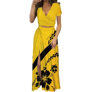 Žltá Polynézskej Print Dámske Sexy Elegantné Party dvojdielne Šaty Predaj tvaru Krátky Rukáv, na Poschodí-dĺžka Šaty